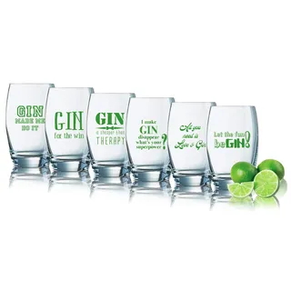 PorcelainSite Geschenkideen GmbH 6er Sparset Gin Tonic Gläser mit Sprüchen - lustige Gin-Gläser 35cl bedruckt - Geburtstagsgeschenk