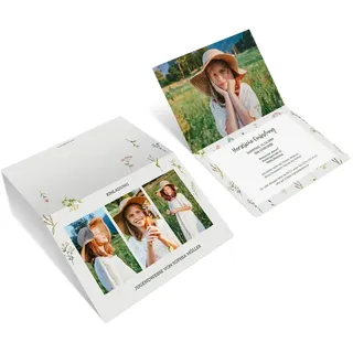 10 bis 100 Stück personalisierte Jugendweihe Foto Einladungskarten "Wildblumen" DIN A6 Klappkarten mit 4 eigenen Bildern, dickes 300g/qm Papier, Briefumschläge optional