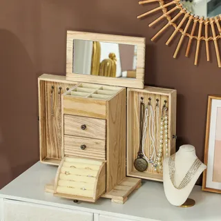 Schmuckbox, Schmuckschatulle, 4-stufiges Layout, Integrierter Spiegel, Holz, Braun