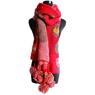 Butterme Langer Schal Damen Strickschal Warmer Winterschal Halstuch Bunten Punkt Polka Dot Gestrickt Bohemia Schlauchschal mit abnehmbaren Bommeln 200 x 36cm-Mehrfarbig