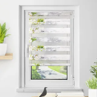 Deswell Doppelrollo Klemmfix ohne Bohren Weiß-Blüten B90 x H150 cm (Stoffbreite 86cm) Doppelrollo mit Muster, Duo Rollos für Fenster ohne Bohren Rollos mit Motiv, Seitenzugrollo Lichtdurchlässig