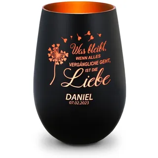 GRAVURZEILE Deko Windlicht aus Glas mit Gravur - was bleibt, wenn Alles Vergängliche geht - Personalisiert - Trauerlicht für Teelichter und Kerzen - Grabschmuck zur Beerdigung - Schwarz/Bronze