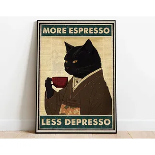 Retro-Metall-Blechschild, 30,5 x 40,6 cm, Motiv: "More Espresso Less Depresso", Trinkposter, Kaffeeliebhaber, Geschenk, lustige schwarze Katze, Wandkunst, Katze, Heimdekoration, schwarze Katze,