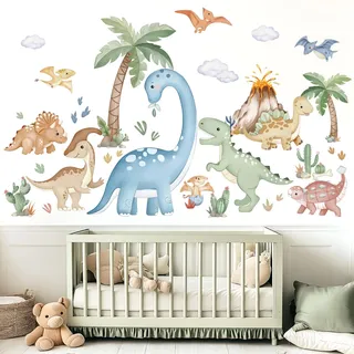 wondever Wandtattoo Dinosaurier XXL Boho Wandsticker Kinder Dino Palme Baum | Abziehen und Aufkleben, Abziehbar, Wandaufkleber Selbstklebend für Kinderzimmer Babyzimmer Schlafzimmer Wanddeko