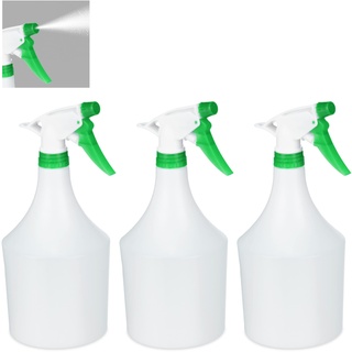 Relaxdays Sprühflasche Pflanzen, 3er Set, einstellbare Düse, 1 Liter, mit Skala, Kunststoff, Blumensprüher, weiß-grün, 3 Stück, 3
