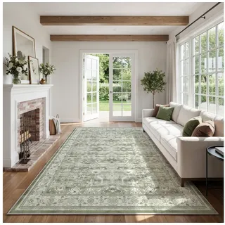 Klyvvo Teppich Vintage Kurzflor Teppich, weich & rutschfest, waschbar, Rechteckig, 200x300 cm – großer Wohnzimmerteppich, Schlafzimmerteppich grün 200 cm x 300 cm