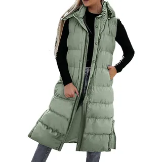 A 21 Damen Lang mit Kapuze Steppweste Daunenweste Leicht Weste Dünn Årmellos Jacke Gesteppte Daunenmantel Warm Winter Outdoor Übergangsjacke Parka Daunen Steppjacke Maxi Mantel Daunenjacke