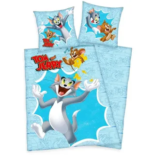 Herding Kinderbettwäsche Tom & Jerry 135x200cm Katz Maus, Renforcé, 2 teilig, TOM AND JERRY, Happy, Käse, Blau, Baumwolle blau