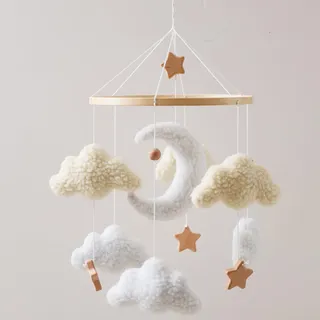 Lanttoe Baby Mobile für Babybett, Kuschelmond Filz Mobile Baby mit weichen Teddy-Elementen, handgemachtes Mobile Babybett aus Holz, Babyzimmer Deko für Neugeborene