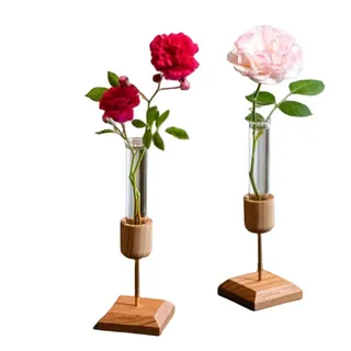 MMCCHB 2 Stück Holz Vase Set, Hydroponische Pflanzenarrangement Halter mit Holzsockel und Glas Reagenzglas Vase, Geeignet für Hydrokulturpflanzen