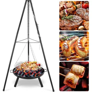 TLGREEN Feuerschale Höhenverstellbarer Kette (200 cm), (Feuerschalen für den Garten Camping Garten Hof), Schwenkgrill mit Feuerstelle, Holzkohlegrill, Grillen und Heizen schwarz