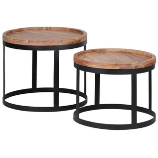 Wohnling Satztisch WL1.551, 2er Set Beistelltische AKOLA Massivholz Akazie Wohnzimmertisch Landhausstil Anstelltisch Metallgestell Naturholz schwarz