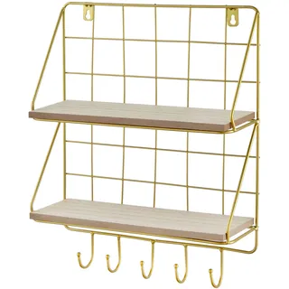 Baroni Home Wandregal, rustikales Regal für Badezimmer, Küche, Schlafzimmer, Wandregal aus Eisen und Metall, Gold 2 Etagen