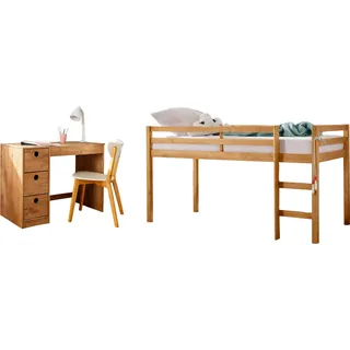 Jugendzimmer-Set LÜTTENHÜTT "Alpi" Schlafzimmermöbel-Sets beige (gebeizt, gewachst) Baby Komplett-Kinderzimmer Hochbett und Schreibtisch mit Stauraum, perfekt für kleine Räume
