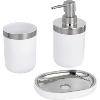 Baroni Home 3-teiliges Badezimmer-Set aus robustem Kunststoff, modernes Badezimmer-Set, bestehend aus Spender, Becher und Seifenschale, Weiß und Silber