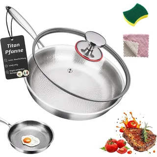 2026 Upgrade Titan Pfanne Unbeschichtet, Titan Pfanne Pro 26/28/30 cm, Robuste Titanpfanne ohne Beschichtung, Titanium Pan mit Abnehmbarem Griff, Scratch-Resistant Titanium Pfanne (Mit Deckel, 26CM)