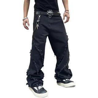 Zewool Herren Y2K Baggy Jeans, locker, schwarz mit Fransen, Größe S