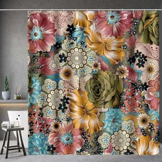 Duschvorhang Im Boho-stil Mit Mehrfarbigem Blumenmuster, Inklusive 12 Haken Für Badezimmeraccessoires, Badewannenvorhang, 182,9 X 182 Cm