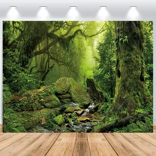 ASDCXZ Wald Hintergrund 2.5x1.8m, Grün Dschungel Ströme Camping Fotowand, Vinyl Fotobox für Geburtstag Babydusche Wald Thema Party, Portrait Fotostudios