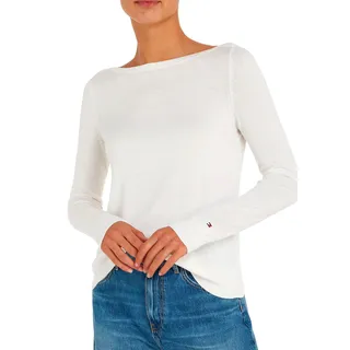 Strickpullover TOMMY HILFIGER "CO JERSEY STITCH V-NECK SWEATER", Damen, Gr. XL (42), beige (ecru), Feinstrick, Obermaterial: 67% Baumwolle, 33% Polyamid, unifarben, Basic normal, U-Boot-Ausschnitt, Rippbündchen, Pullover Strickpullover, mit Tommy Hilfiger Logo-Flag, U-Boot-Ausschnitt