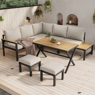 MERAX Gartenlounge-Set aus Kunststoffholz und verzinktem Eisen (6-tlg., Sitzgruppe GartengarniturTerrassenmöbel), 7-Sitzer Gartenmöbel Essgruppe - Beige