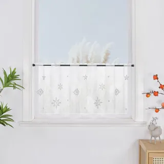 Yujiao Mao Weihnachtliche Scheibengardine mit silberner Sternen-Stickerei Weihnachts Bistrogardine Festliche Fensterdeko für Küche Bad Tunnelzug Transparent Weiß H45xB90cm, 1 Stück