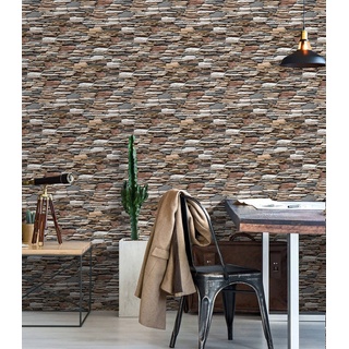 BUVU Steintapete 53x1000cm Grau Braun Naturstein Tapete, schöne edle Tapete im Steinmauer Design, für Wohnzimmer oder Schlafzimmer