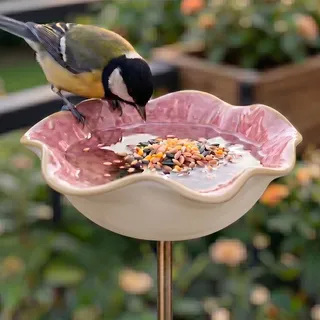 Vogeltränke Blume & Bienentränke Keramik Gartenstecker – Insektentränke Garten für Wasser & Vogelfutter, Dekorative Keramikblüten für Bienen & Vögel (2, Rosa)