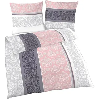 soma Bettwäsche Fein-Biber Set 135x200 mit Kissen 80x80 in Rosa & Silber Boho Barock, Biber, 2 teilig, Kuscheliger Fein-Biber aus 100% Baumwolle, wärmend & pflegeleicht grau|rosa