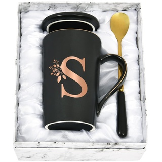 Joymaking Personalisierte Tasse mit Buchstaben Kaffeetasse mit Blumen Motiv, Namen Initiale persönliche Geschenke Kaffeetasse für Frauen Freundin, S - 400ml Schwarz