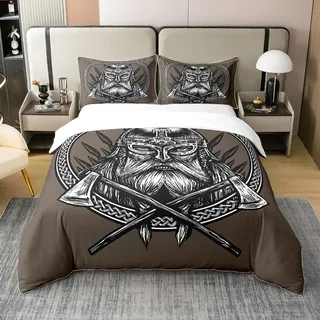 Loussiesd Altes Wikinger Bettwäscheset Vintage Exotisch Stamm Die Axt EIN Schwert EIN Speer Skandinavisches Muster Brauner Druck Bettwäsche Set 135x200cm 100% Baumwolle Dekor Pirat Bettbezug