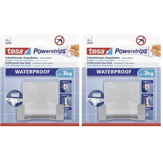 tesa Powerstrips Doppelhaken Waterproof Zoom - selbstklebender Haken für Dusche und Bad, groß - Metall-Badhaken - belastbar bis 3 kg (Packung mit 2)