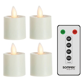 SOMPEX LED-Kerze 4er Set Sompex Flame LED Teelicht (Set, 5-tlg., 4 Teelichter, Höhe 3,1cm, Durchmesser 3,6cm, 1 Fernbedienung), mit Timer, Echtwachs, täuschend echtes Kerzenlicht gelb