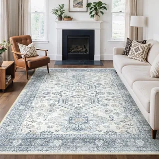 GENIMO Orientalisch Vintage Teppich Hellblau Waschbar 200x290 cm | Helles orientalisches Medaillonmuster in Hellblau, waschbar, pflegeleicht und rutschhemmend – für große Wohnbereiche.