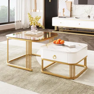 Merax Couchtisch 2er Set,Wohnzimmer Tisch,Satztisch Sofatisch Kaffeetisch Tisch-Set mit eine Schubladen Hochglanz-Marmoroptik, Goldenen Akzenten(Tippe F)