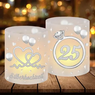 12 Windlicht Tischdeko Silberhochzeit, 25 Hochzeitstag Deko, Silberhochzeit Windlicht Personalisiert, Deko Hochzeit Tisch Silber, Geeignet für Teelichter oder Kerzen