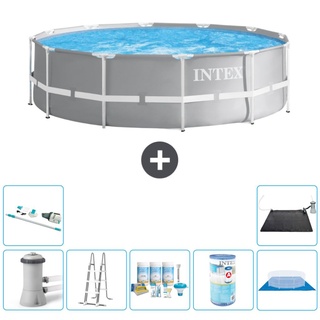 Intex Round Prism Frame Swimming Pool – 366 x 99 cm – Grau – inklusive Pumpe – Leiter Wartungspaket - Filter - Bodenplane - Staubsauger - S...