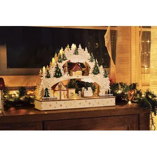 Weihnachtlicher Schwibbogen mit fahrenden Zug mit LED Kerzen und Timerfunktion, Weihnachtsdekoration, Holzdesign mit Winterszene, Beleuchteter Lichterbogen