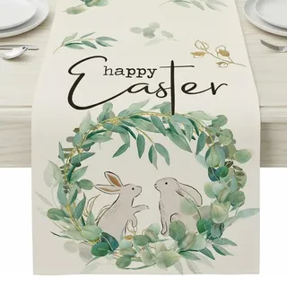AEKZOX Ostern Deko Tischläufer Sackleinendruck Ostern Hasen Ei Tischdeko Heimdekoration Tischdecke Frühlingsparty Geburtstagsparty Tisch Dekorationen (183 * 33cm) (B)