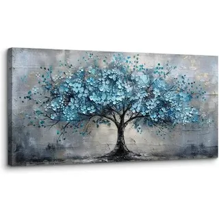 Leinwandbild Blumen Baum Kunstdruck Blauer Blumen Baum 100L x 50B cm