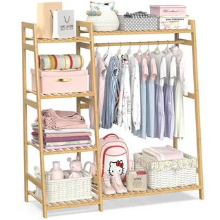 BAMBOOHOMIE Kinder Kleiderständer mit Regalen, Bambus Kleiderständer für Kinder, Baby,Kleideraufbewahrung mit oberem Regal,Kleiderschrank für das Kinderzimmer (Mittlere Größe)