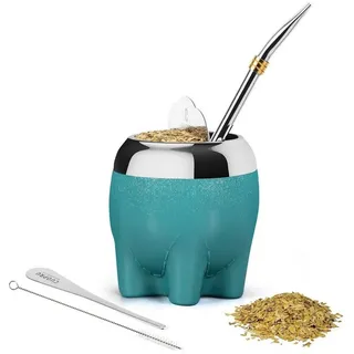 LuxusKollektion Tasse Yerba Mate Tasse 5-in-1 Elefant Sterne Glitzer 153ml, Metall blau