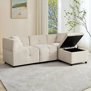 Merax Sofa 3-Sitzer Ecksofa mit Stauraum, abnehmbarem Fußhocker und 2 Kissen, Chenille-Stoff, Premium Komfort - Modernes L-förmiges Couch für Wohnzimmer/Schlafzimmer/Büro, Beige