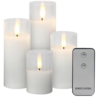 4er-Set LED-Echtwachskerzen im Glas, mit Docht und Fernbedienung, weiß