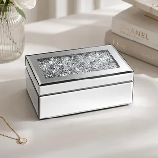 HomeZone Schmuckkästchen aus verspiegeltem Glas mit silbernem zerkleinertem Diamant, Schmuckaufbewahrung, Damen, 21 cm x 13 cm x 9 cm