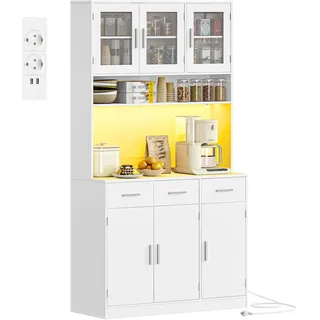 Hzuaneri Buffetschrank, Küchenschrank mit 3 Schubladen, Hochschrank | mit Steckdosenleiste und LED, 3 Schranktüren mit Glasfront, Küche, Wohnzimmer, 40 x 100 x 190 cm, Weiß, PT10103XEU