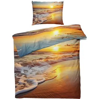QEODAH Sonnenuntergang Bettwäsche 135x200 Winter - Meer Strand Bettbezug 135 x 200 2er Set - Wendebettwäsche & Kissenbezug 80x80 cm - Weiche Mikrofaser Bettwäsche-Sets mit Reißverschluss