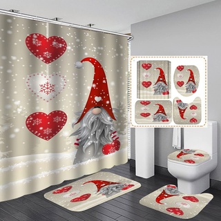 Weihnachts-Duschvorhang-Set, 4-teilig, Rutschfester Teppich, Badematte und WC-Deckelbezug, rote Bälle, Badezimmer-Dekor mit 12 Haken