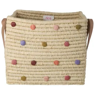 Rice, Aufbewahrungskorb, - Raffia Square Basket with Dots and Leather Handles