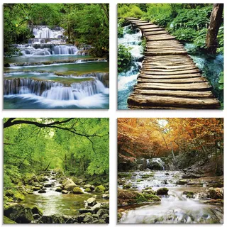 ARTland Wanddeko Glasbilder Wandbild Glas Bild Set 4 teilig je Quadratisch Natur Wald Urwald Dschungel Wasserfall Fluss Felsen Jahreszeiten S6GL